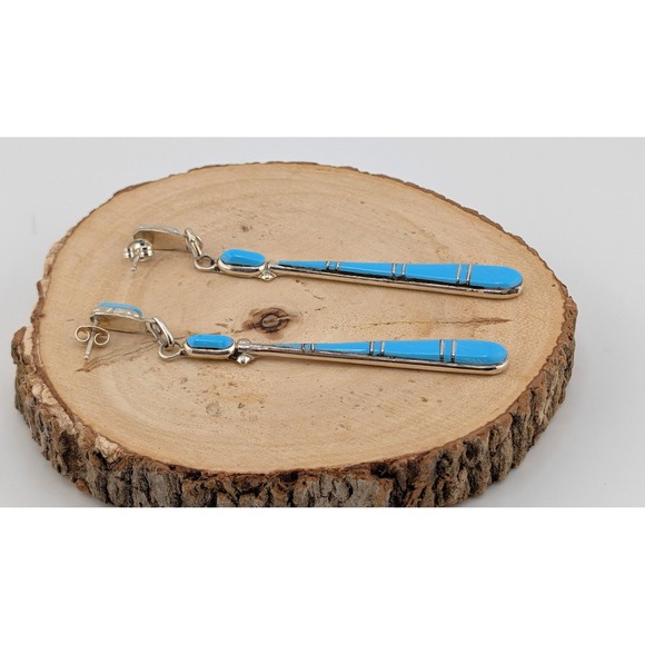 Zuni Dangle Earrings Signed Genuine Native Amer Jewelry Turquoise *** - Picture 7 of 10